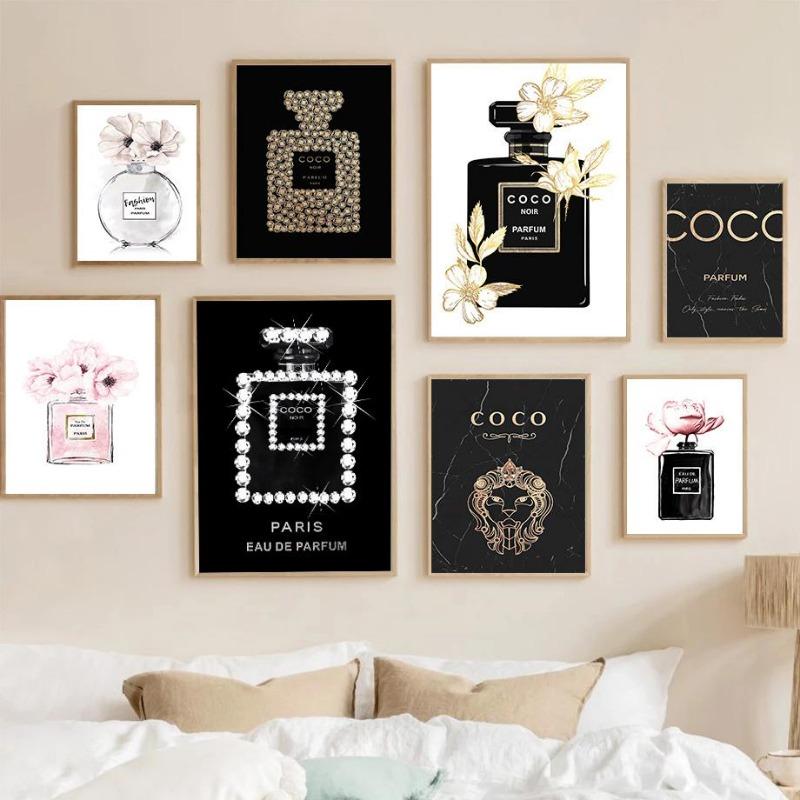 Fashionable luxury bottle of coco perfume, canvas, painting, Scandinavian flower, print poster, wall painting, modern decoration of the room