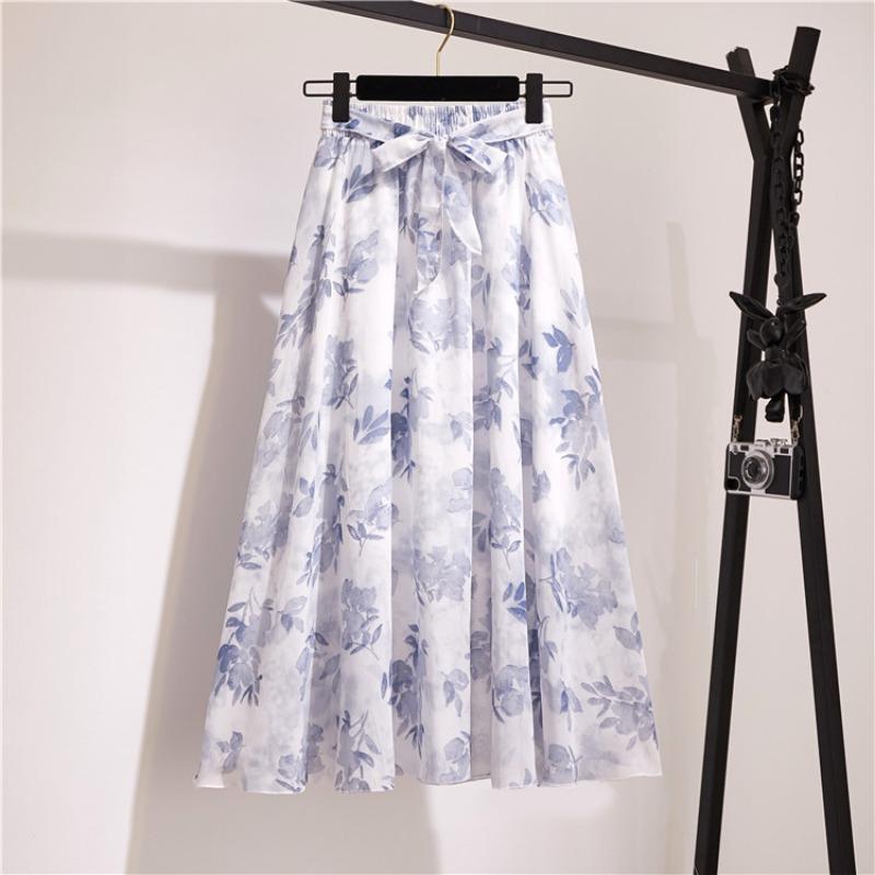 Bohemian Chiffon Half-length Dress for Spring and Summer Mid Length High Waist Fairy Floral Large Swing Skirt Beach Skirt