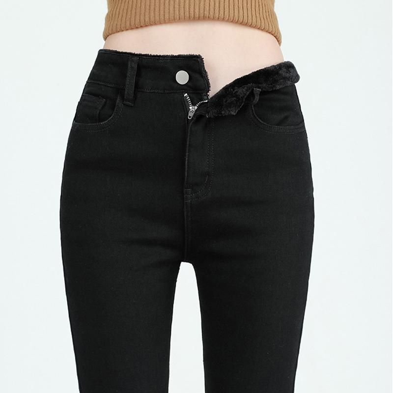 Winter Fleece Women's Flare Pants Retro Slim High Waist Elastic Thick Warm Denim Pants Fashion Korean Clothes