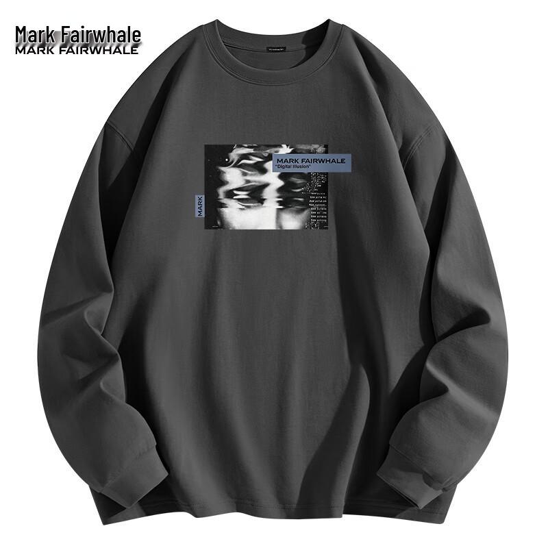 Mark Hua Fei Men's Trendy Heavyweight Loose Fit Pure Cotton Long Sleeve Crew Neck T-Shirt