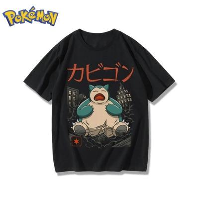 Pokémon Anime Snorlax Periferyjny Nadruk Bawełniany Czarny T-shirt Lato Męski i Damski Luźny Harajuku Casualowy Top z Krótkim Rękawem