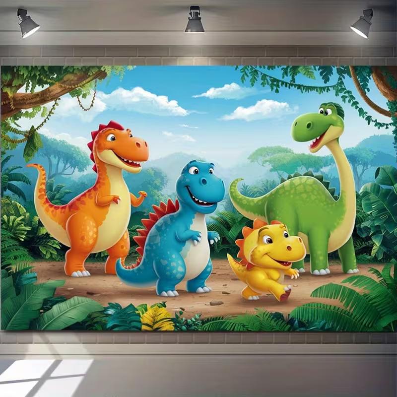 Cartoon Dinosaurier Party Hintergrund 120x80cm Polyester Hintergrundtuch für Kindergeburtstag Fotokabine Dekoration