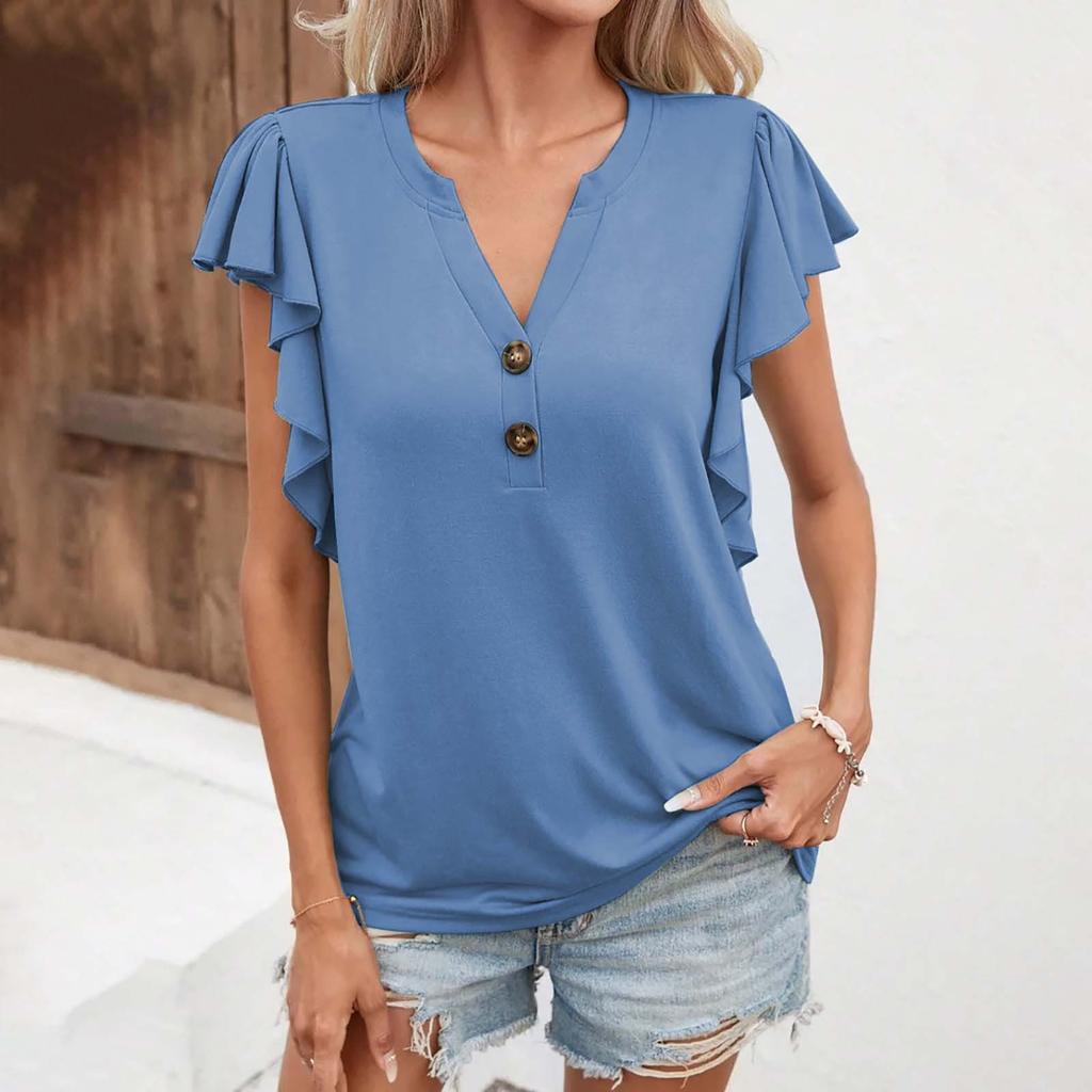 Women's Summer Short Sleeves Button V Neck Loose Casual Solid Color Casual Comfy Tops