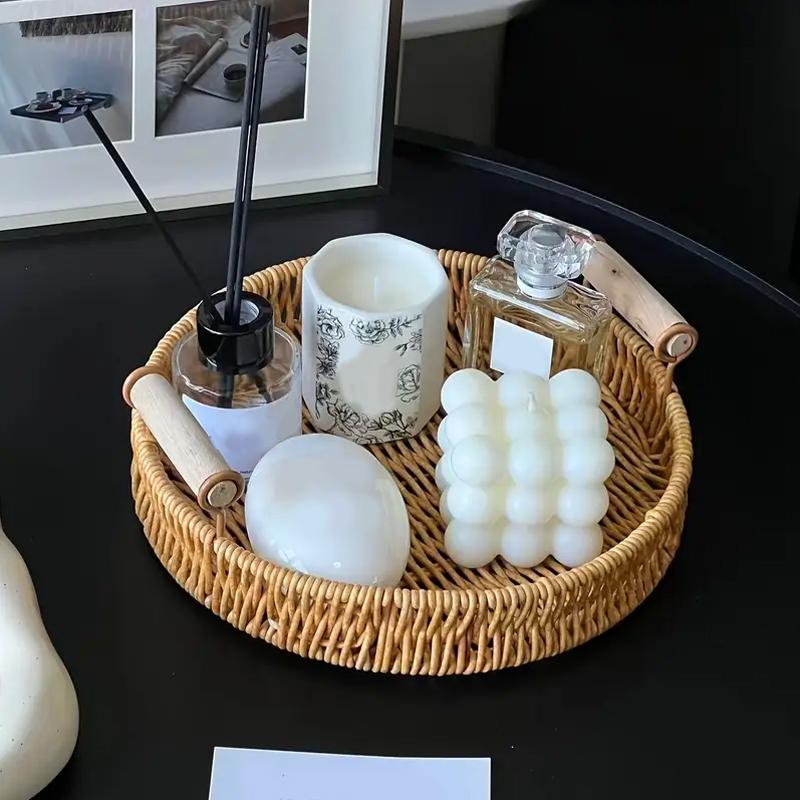 1Pc Plastic Tray Sundry Organizer Tray With Wooden Handle Desktop Decoration Storage Tray Jewelry Placement