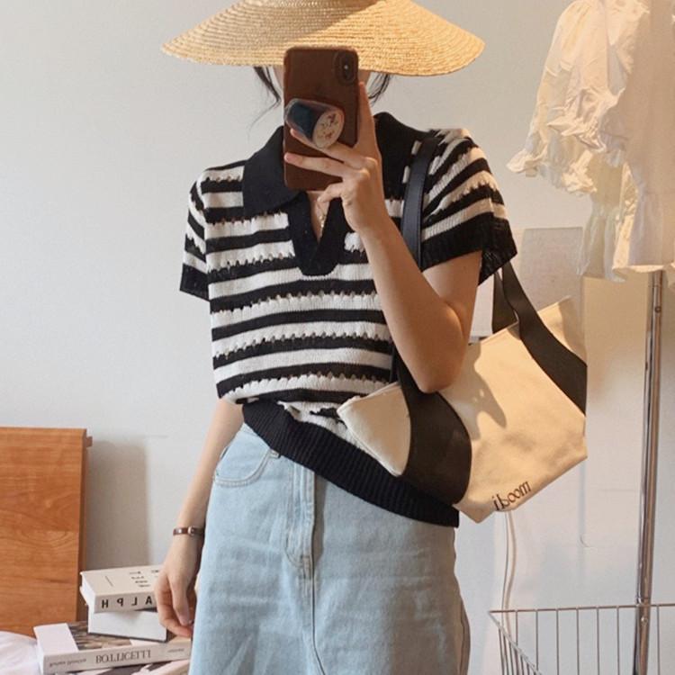 Mode Squelette Rayé Couleur Collision Revers Col V Manches Courtes Chemise Tricotée Courte T-shirt Tops Femme Décontracté Essentiel Coupe Slim Pulls T-shirts