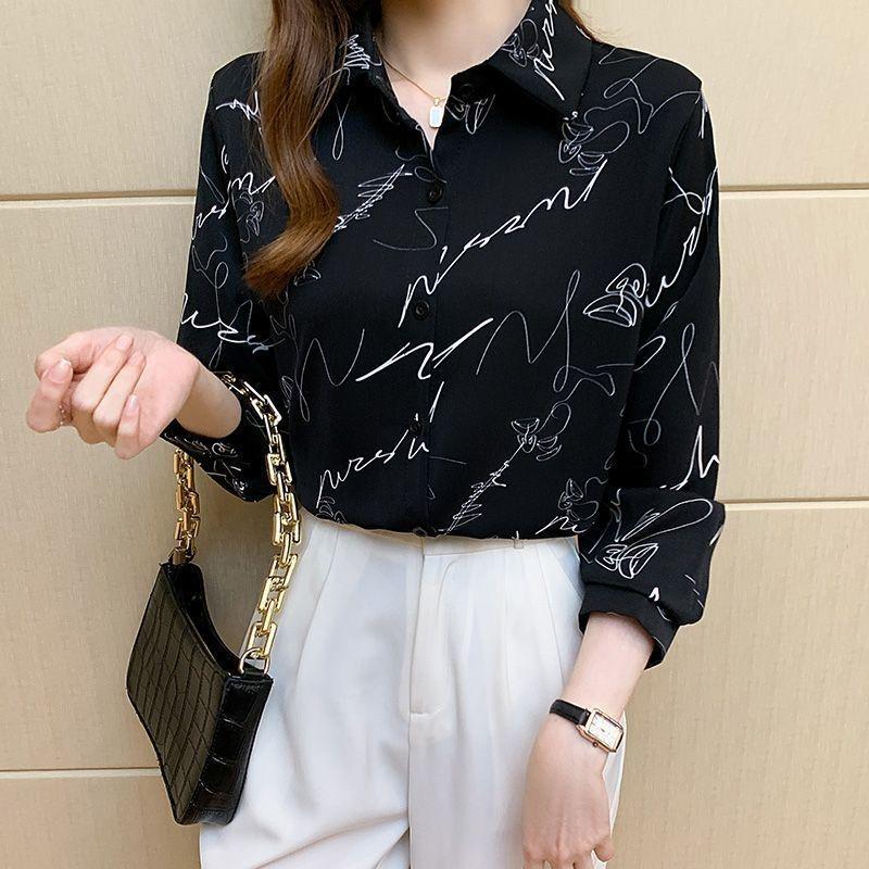 Women s 2025 Retro Hong Kong Style Graffiti Chiffon Blouse - Versatile Spring/Autumn Top Extra Extra Small чёрный