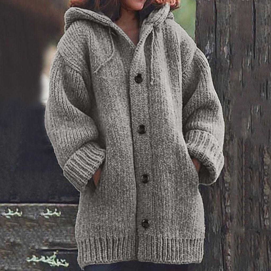 Frauen Casual Warm Lose Knopf Hoodie Stricken Pullover Lange Tops Bluse Pullover