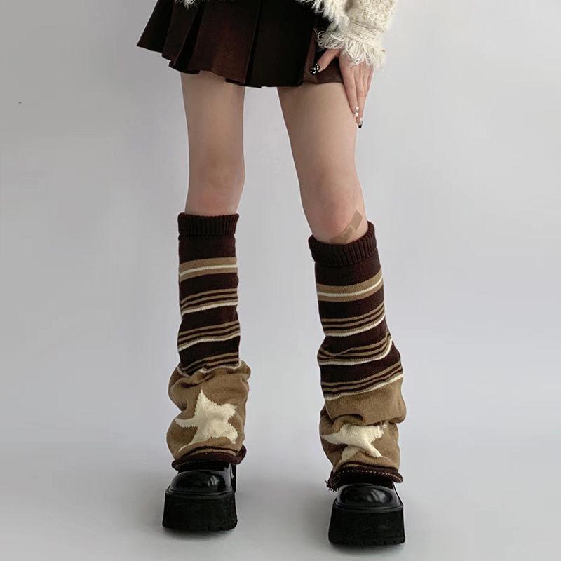 Women's Black and Gray Striped Star Leg Warmers: Knitted Slouch Socks for Spring, Autumn, and Winter - Wide-Leg, Calf, JK Style.