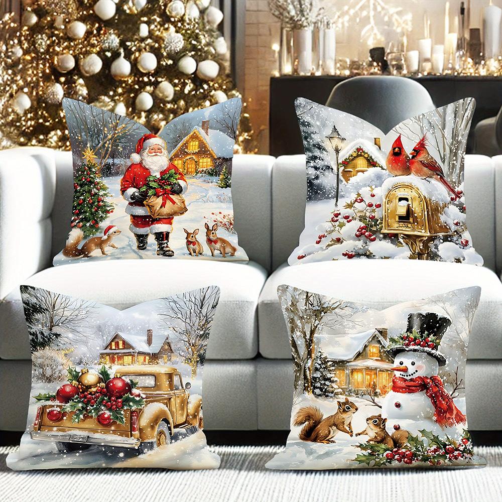 1pcs Christmas Pillows with Festive Scenes ,Suitable for Christmas Home Decoration Pillowcase, Without Pillow Core.