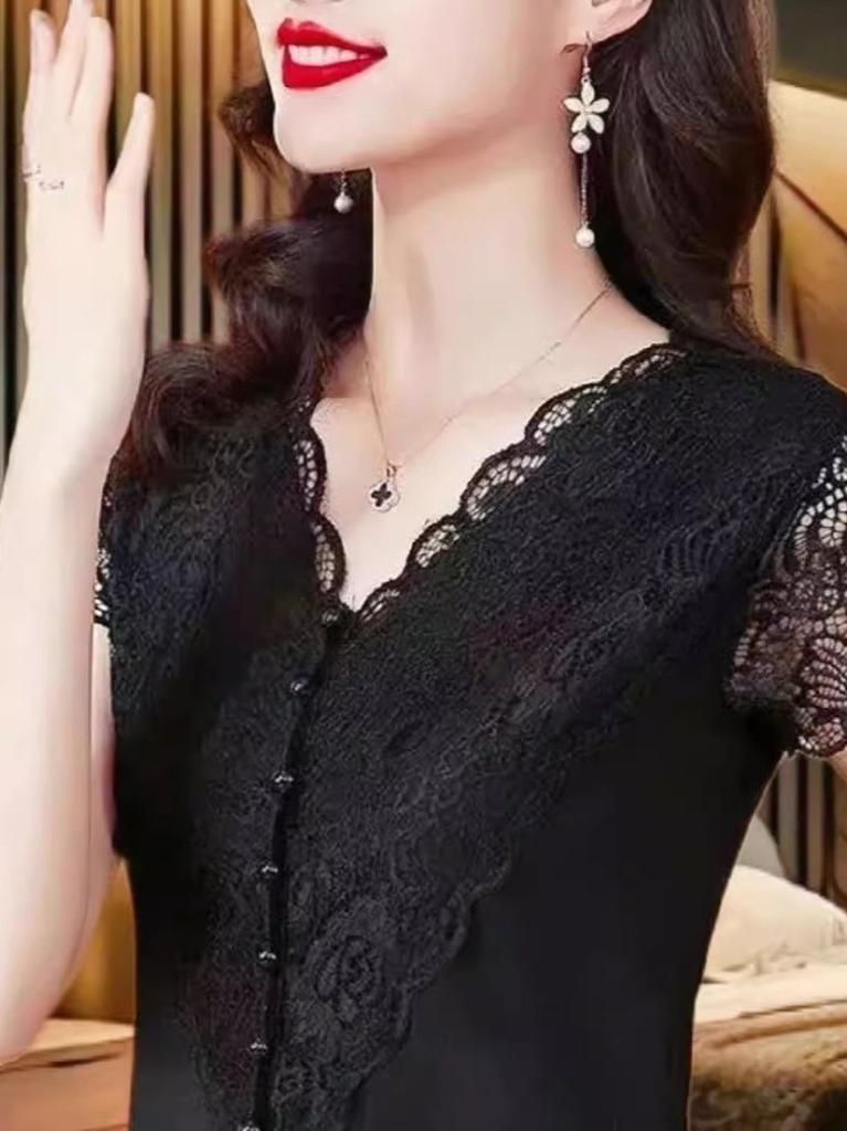 Summer Slim Fit T Shirt With Lace Paneling Polyester Fabric For Office Wear For Women