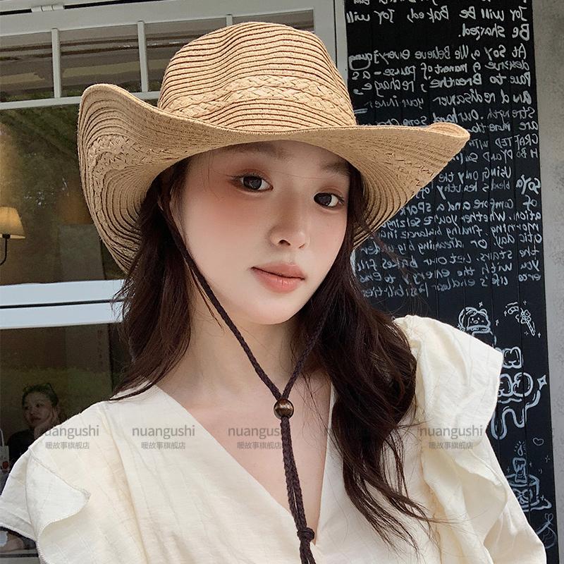 American Retro Western Cowboy Hat Women's Summer Sunshade Sun Protection Mountaineering Straw Straw Hat Seaside Vacation Wind Beach Hat