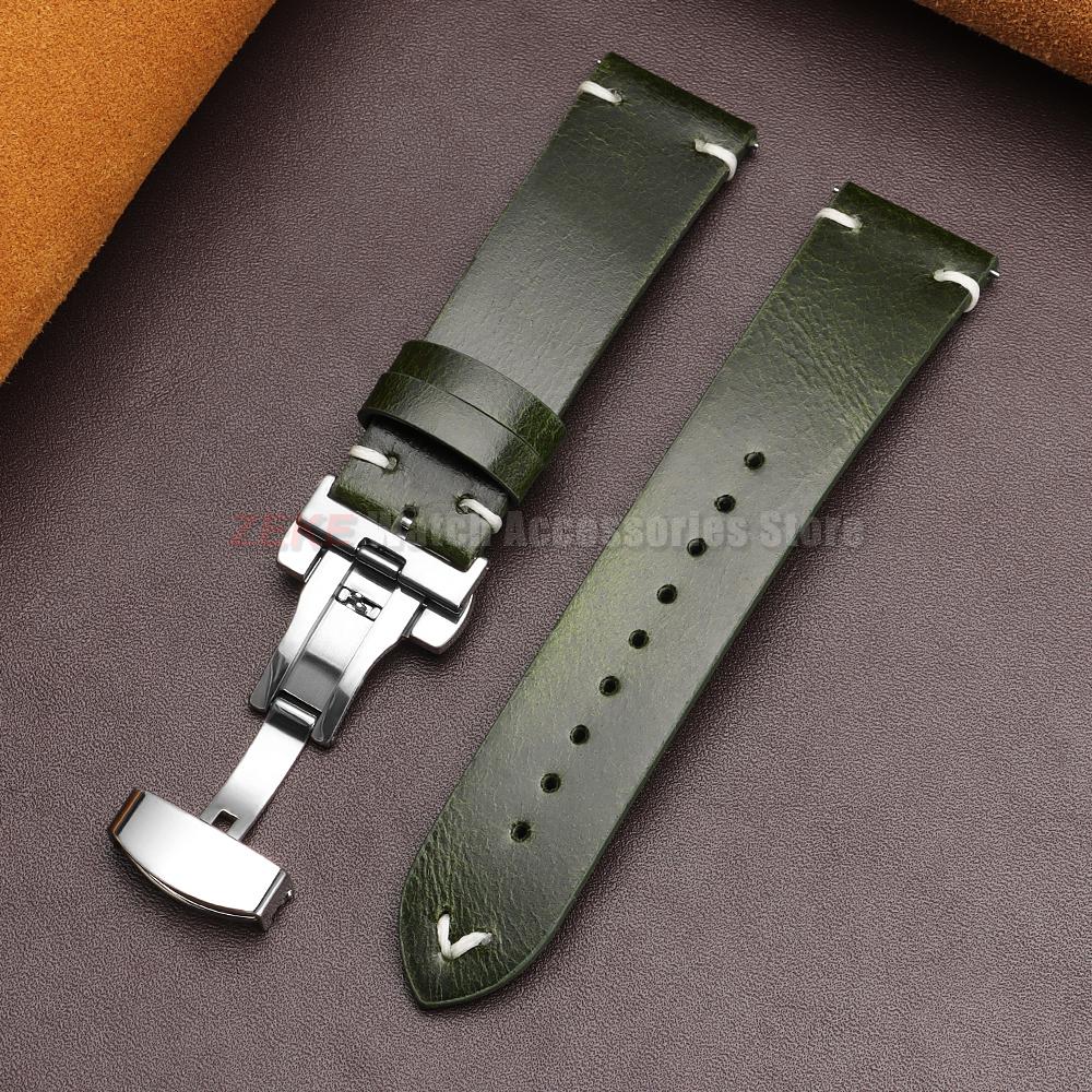 Vintage Oil Wax Leather Watch Band 18mm20mm 22mm Bracelet for Seiko Butterfly Buckle Stitching Cowhide Strap for Omega Watchband