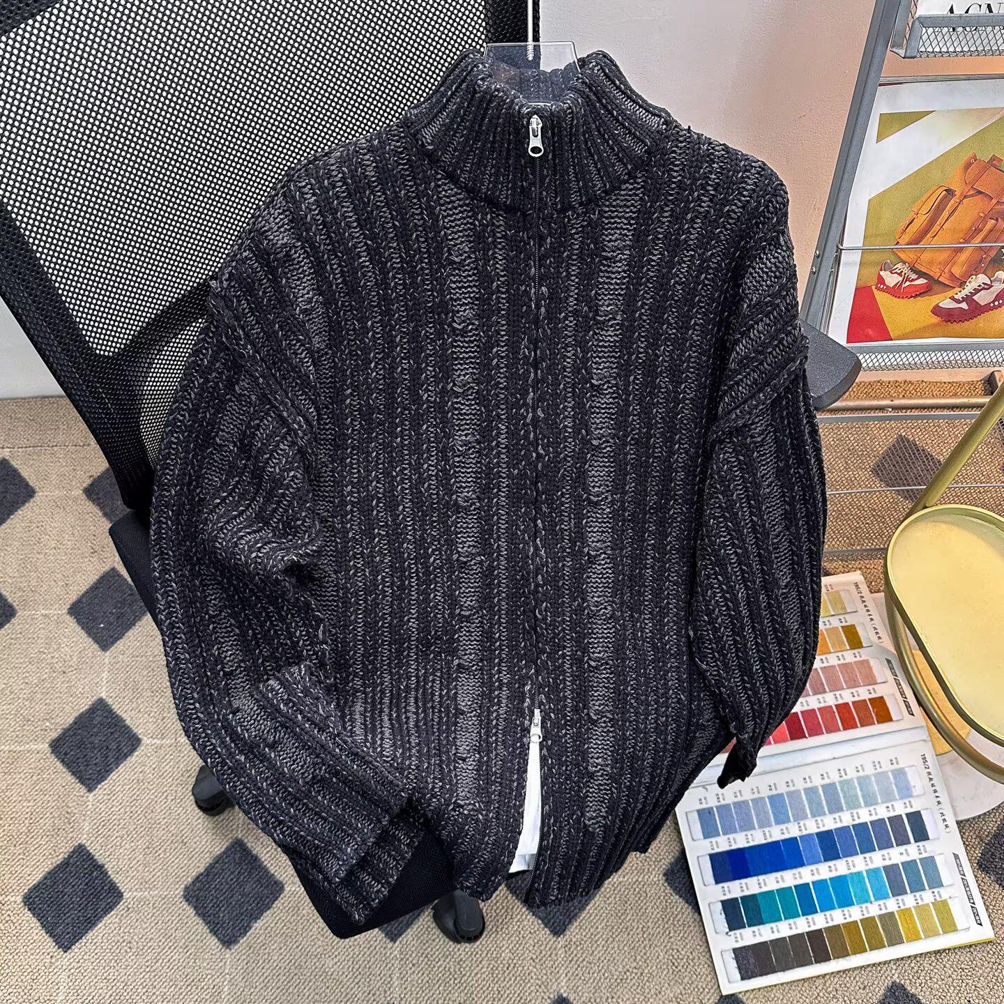 Мужской двухцветный свитер с молнией до середины и высоким воротником в стиле AmeKaji - Вязаный кардиган в японском стиле M