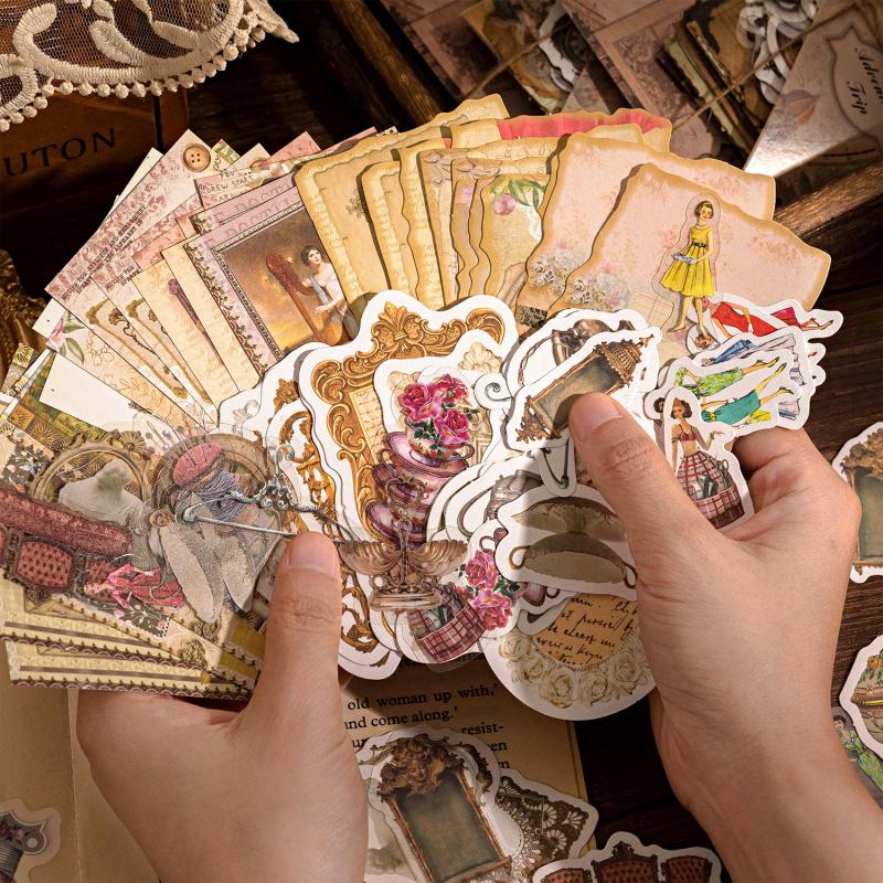 100Pcs Set Vintage Mixed Kit Sticker & Paper 2-in-1 Scrapbook Collage Literary Distressed Decor Supplies
