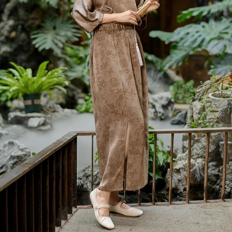 Johnature Women Vintage Jacquard A-Line Skirts Elastic Waist Spring Casual Soft Women Skirts