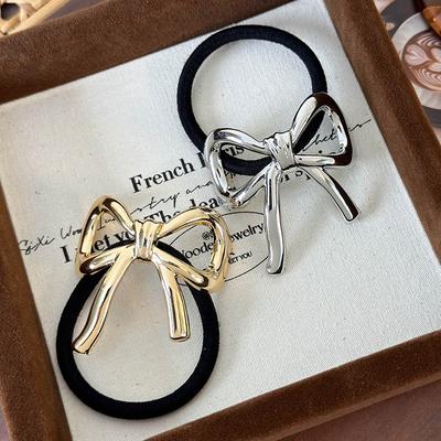 Retro Golden Silver Bow Hair Rope Headband for Woman Girl Temperament Hair Tie Black Rubber Band Female Fashion Hair Accessories