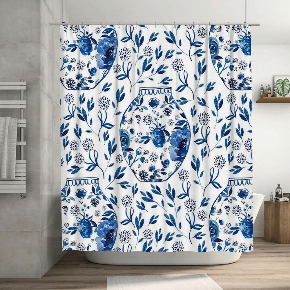 Rideau de Douche Fleur Bleue Imperméable Décoration de Salle de Bain Luxe Impression 3D Ensemble Tapis de Bain Antidérapant Imprimé Floral Bleu Blanc Douche Cur