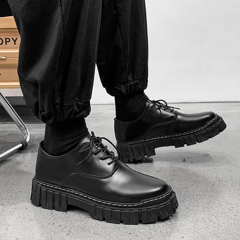 Black big head leather shoes winter business dress British style small leather shoes soft sole casual shoes autumn and winter