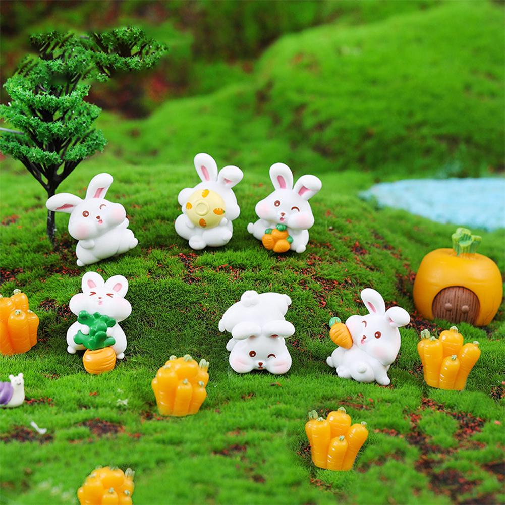 6pcs Cute Rabbits Figurine Desktop Ornaments Micro Landscape Diy Home Decoration Accessories