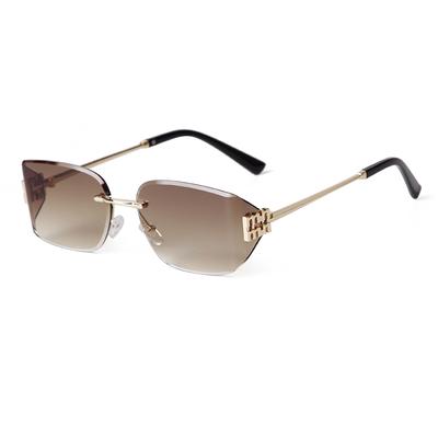 Trendy Blue Rimless Rectangle Sunglasses for Women Men Unique Metal Rivets Gradient Gray UV Protection Eyewear
