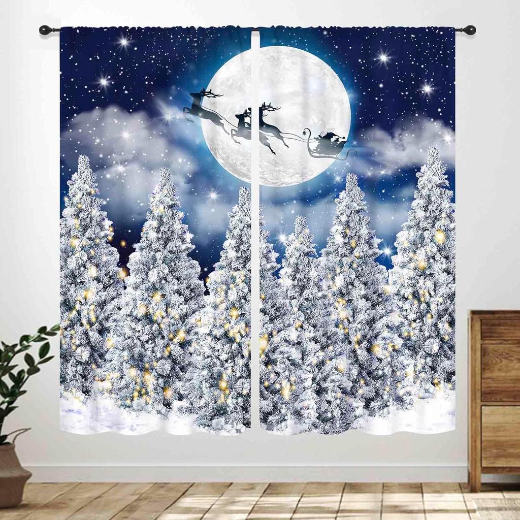 Winter Kitchen Christmas,Christmas Pine Tree Nature Forest Deer Watercolor Cabin Rustic Farmhouse Holiday Window Treatments