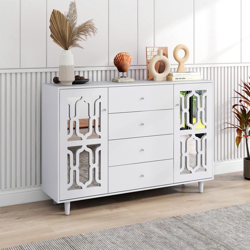 Mirrored Sideboard, Modern Chest of Drawers with 2 Doors & 4 Drawers, Cabinet with Crystal Handles, for Living Room, Dining Room & Bedroom