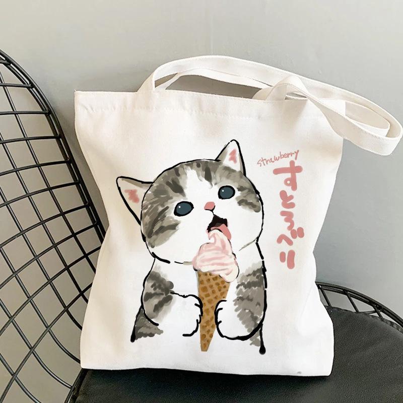 Whimsical Cat On Bicycle Canvas Shoulder Tote - Cute Print for Students and Shopping