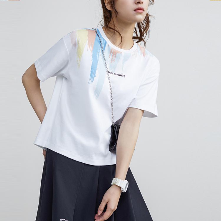Anta Loose Short Sleeve Round Neck T-Shirt With Colorful Pattern And Letter Print Women Tops Snow-White 162228135-1