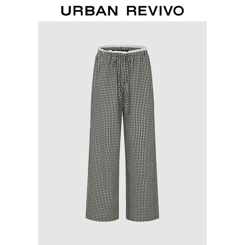 UR2026 Women s Casual Plaid Wide-Leg Pants with Lace Trim M