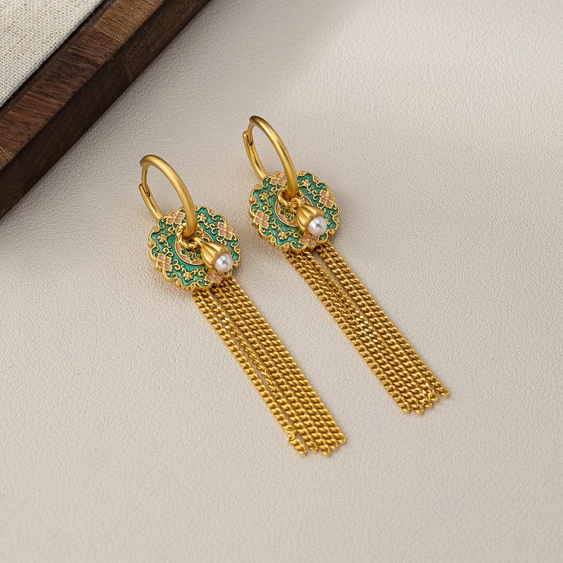Elegante chinesische Quasten- & Perlenohrringe mit Glasur-Blumendesign für Damen