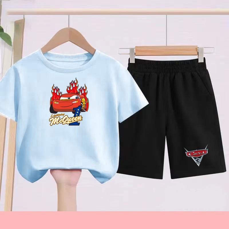 Children Aged 3 to 14 Summer Fashion T-shirt set Children Disney Car Print T-shirt + shorts Girl Boy Casual Tops Toddler Clothes