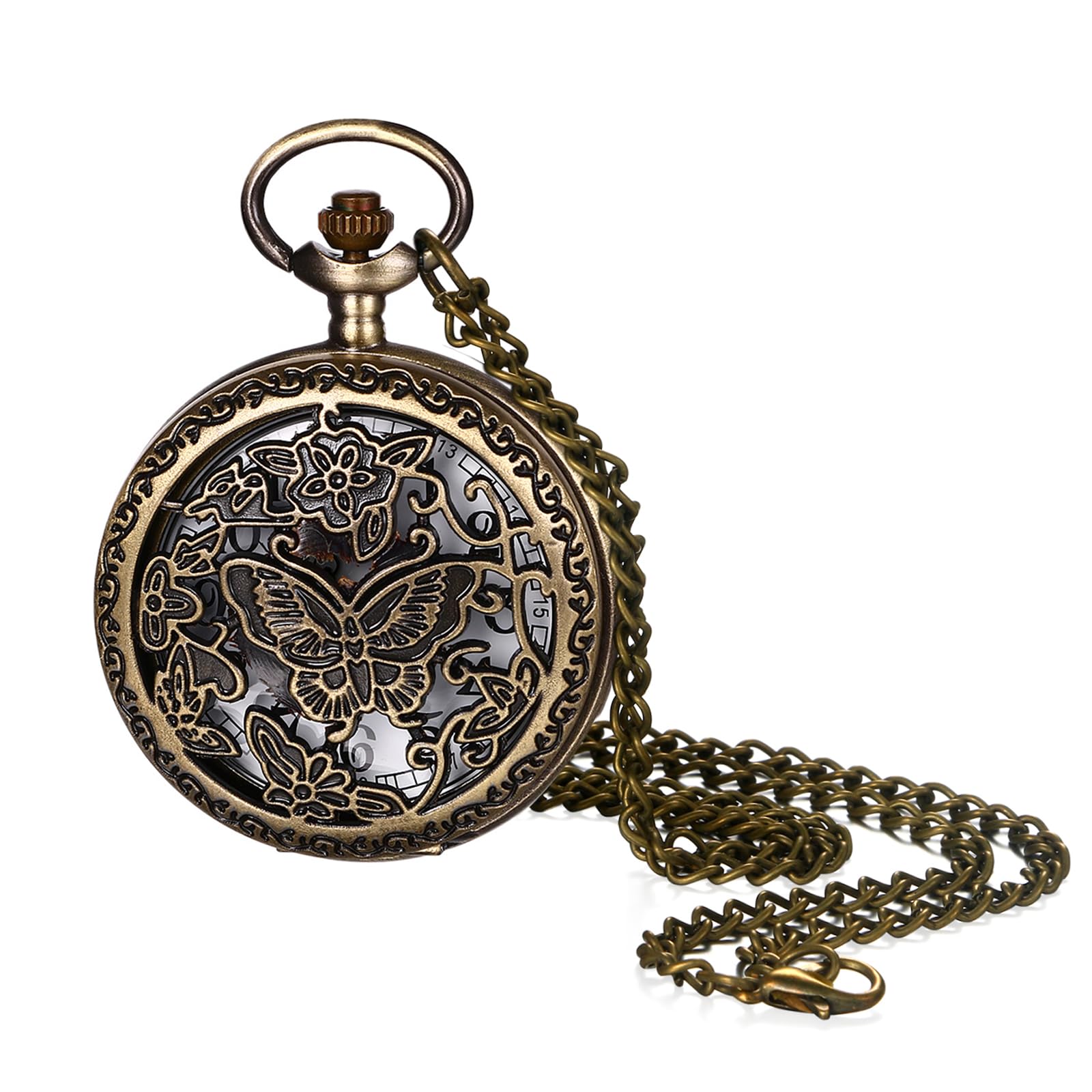 

Antique Butterfly Pocket Watch, Skeleton, Analog Display, Waterproof, with Lid, Pocket Watch, Pendant, Necklace, Chain, Bronze, Retro Fashion