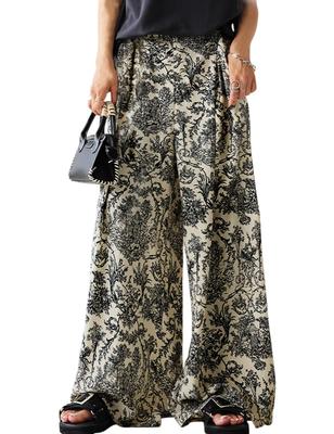 Antiqua Toile De Jouy Print Size Relaxed Comfortable Fit Wide-leg Pants, Women's, PO-00194, 28, Ivory, Fit,