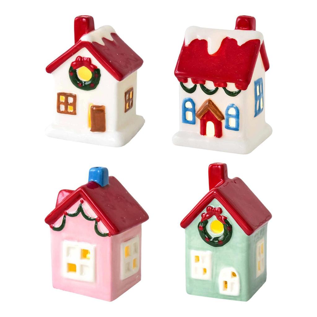 Ceramic Christmas Village House Ornament Decoration Versatile Statue Craft Accessory with LED for Indoor Holiday Shelf Table