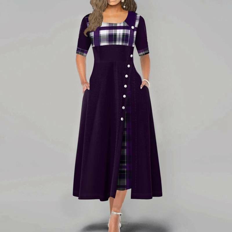 Casual Women Irregular Plaids Button Maxi Dress Half Sleeve Plus Dress Size