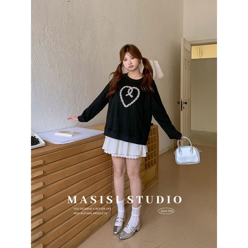 Maxi Chubby plus Size Print round Neck Long Sleeves Sweatshirt Women's Autumn Plus Size Ladies Loose Slim Looking Casual Hooded Top