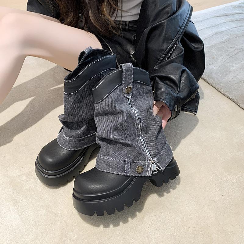 [Fanfna] European denim pants short boots women's 2025 autumn new retro thick-soled heightening stacking boots