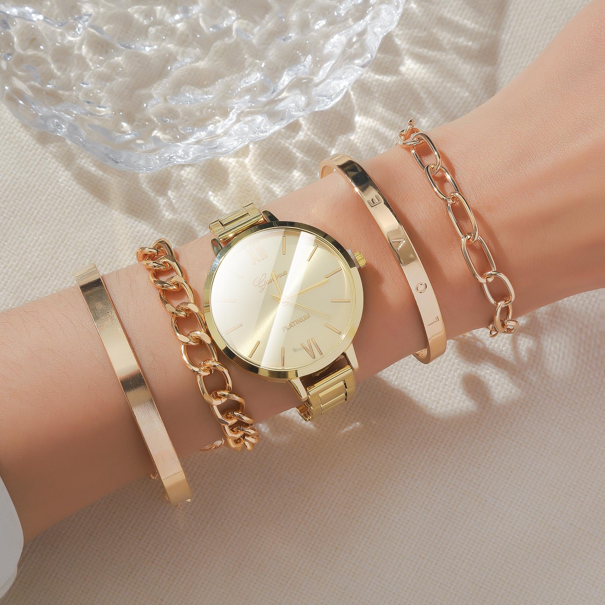 

Без подарочной коробки; Модные и универсальные часы со стальным ремешком, большим циферблатом и римскими цифрами, полый браслет, набор из 5 предметов золотой