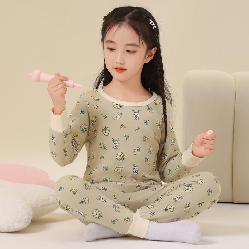 Pure Cotton Flannel Autumn/Winter Girls' Round Neck Underwear Set