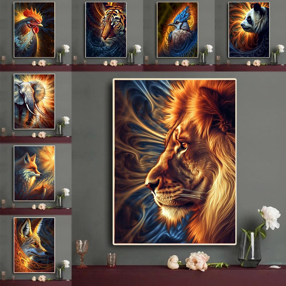 Golden Glowing Animal On Black Background Prints Poster Canvas Painting Modern Wall Art Pictures Living Room Bedroom Home Decor