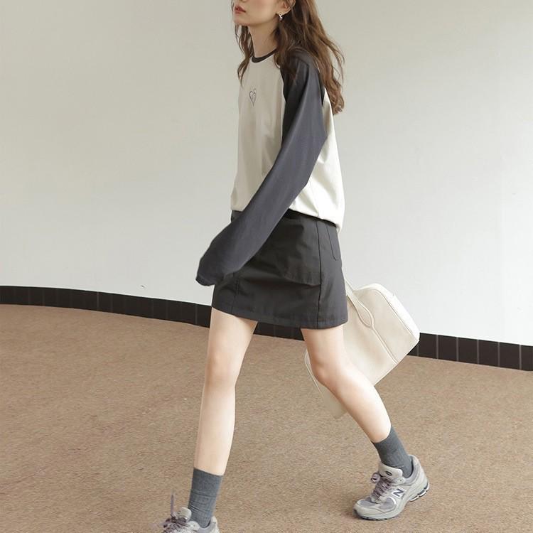 In Stock: Women's Early Autumn Apricot Gray Heart Print Raglan Long-Sleeve Cotton Top