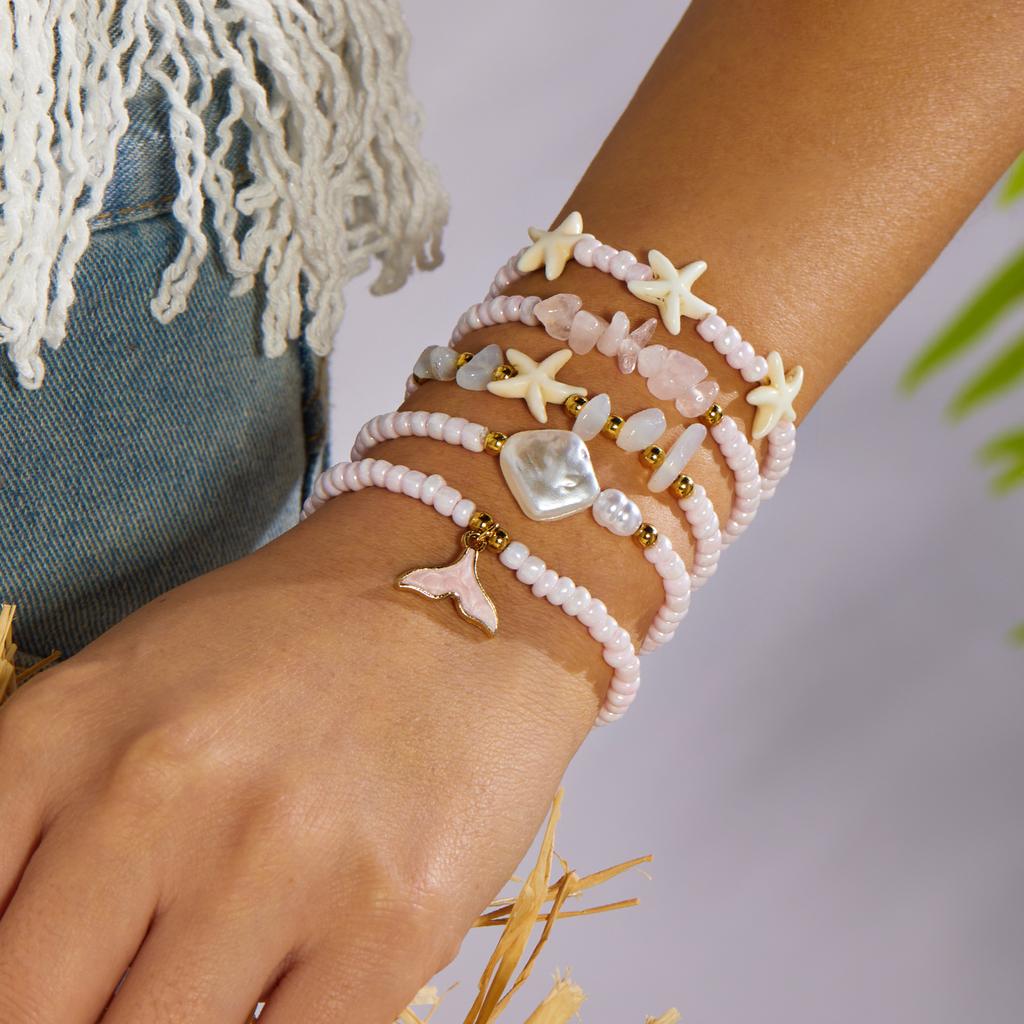 5pcs/set Bohemian Starfish Shell Imitation Pearl Bracelet for Women Ethnic Style Pink Beads Fishtail Flower Bangle Beach Jewelry