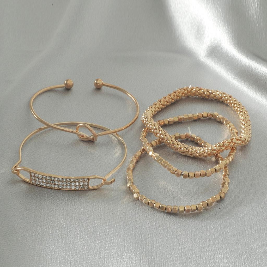 5 Pieces Minimalist Stackable Bracelet Set Knot Open Cuff Inlaid Rhinestone Beaded Chain Multi Layer Thin Bangles for Women Daily Matching Jewelry