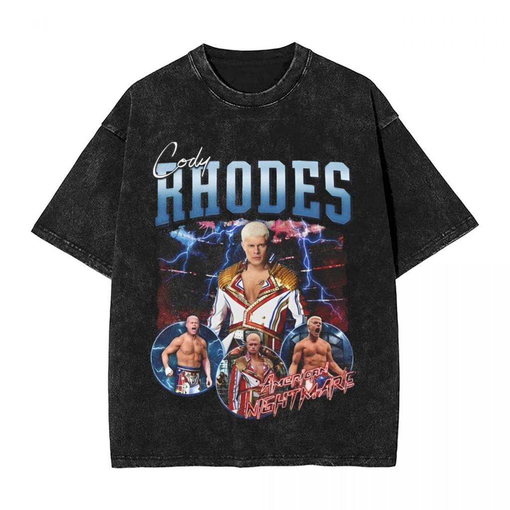 Retro Cody Rhodes Vintage Washed Tshirt Men Cotton Tops Shirts Retro Crewneck Short Sleeve