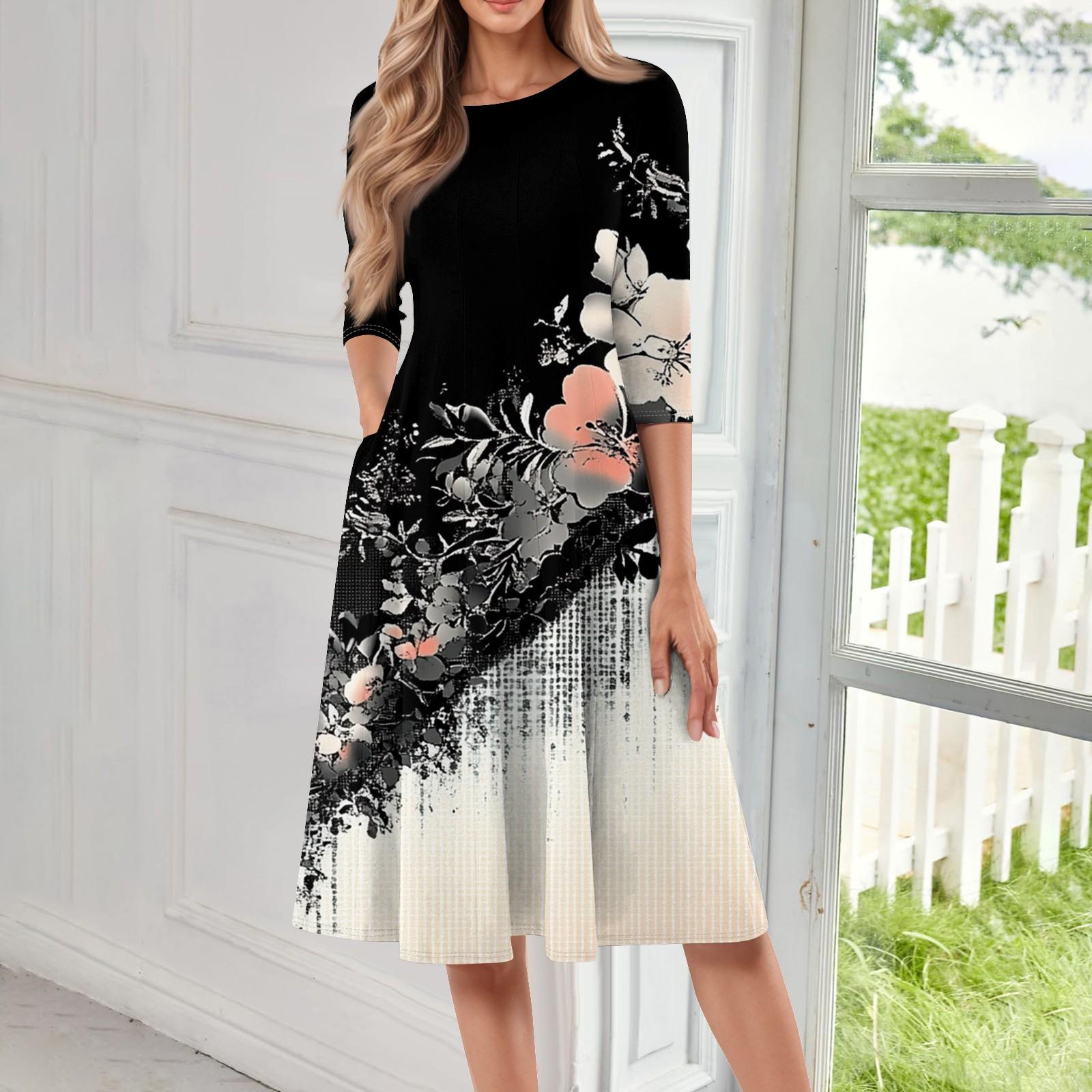 

Женское повседневное модное платье миди с круглым вырезом и рукавом три четверти XL чёрный