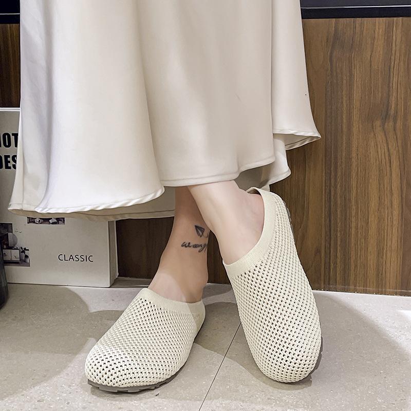 

Прямые продажи женские тапочки из летучего трикотажа, новинка весна-лето 2025, с круглым носком, на мягкой подошве, ленивые, на плоской подошве, полутапочки 35