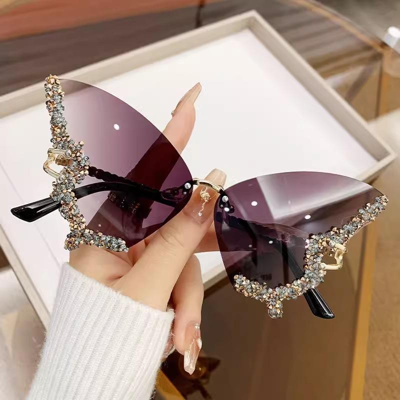Large Frame Diamond-Encrusted Butterfly Sunglasses Photo Performance Props Glasses Women'S Sunglasses Uv Protection