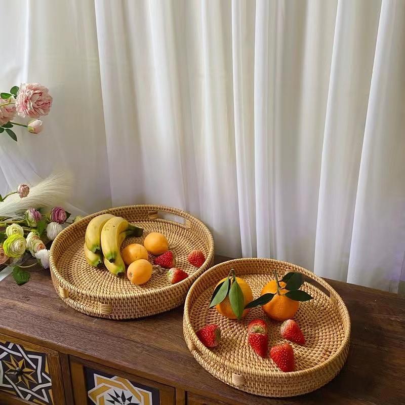 Vietnamese Vine Weaving Nordic Weaving Straw Weaving Fruit Basket Plate Fruit Basket Tea Plate Plate Circular Handle Storage Box