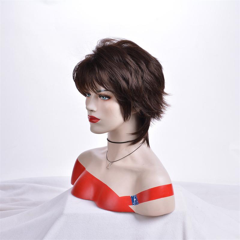 Short Brown Wigs for Women Synthetic Fiber Hair Fake Wig with Bangs Mommy Wig Hair Replacement Wigs Long Hair Ends Daily Use