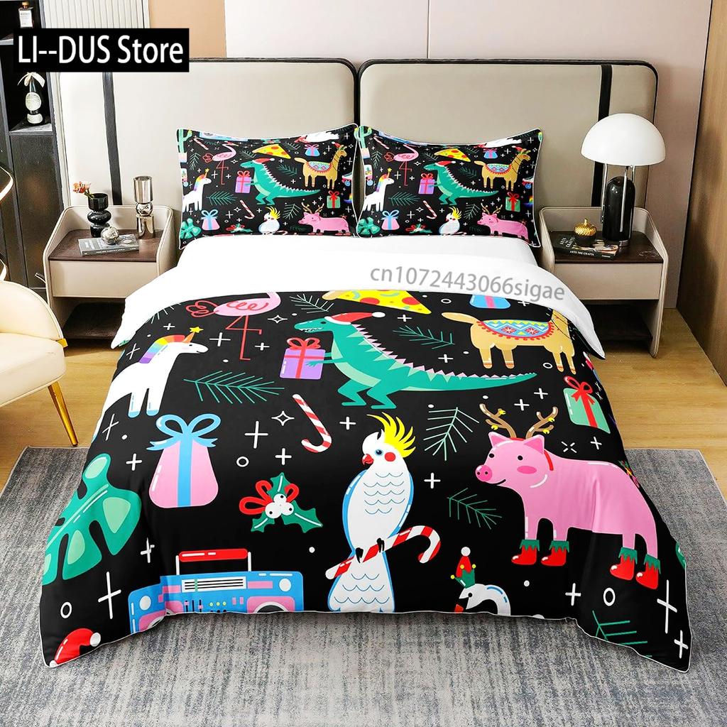 Lovely Cartoon Alpaca Llama Cactus Print Boys Girls Duvet Cover Set Full Size For Kids Teen Bedding Set Comforter Cover Decor